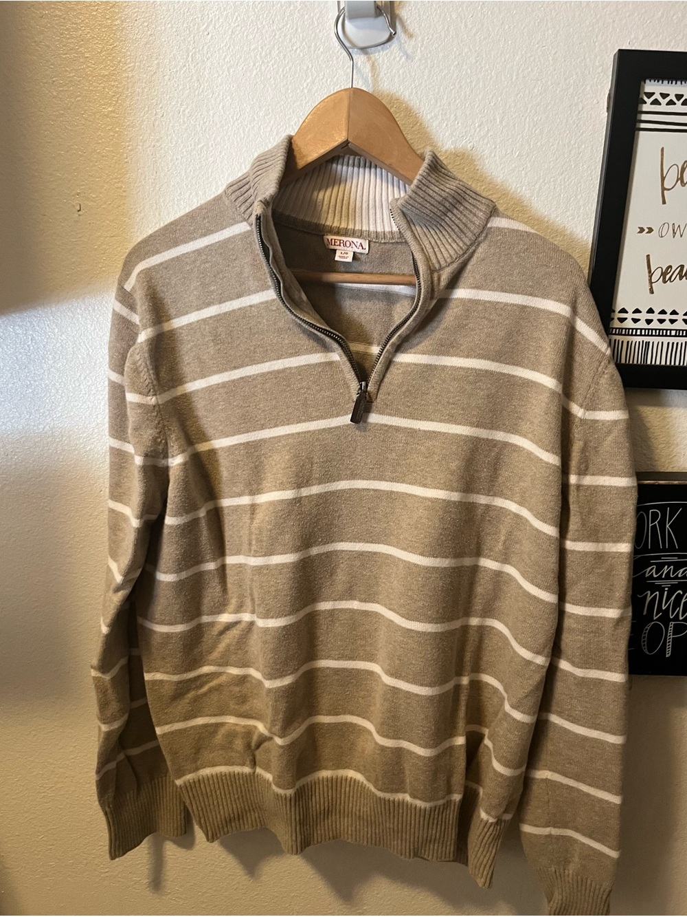 Merona Men’s Taupe and White Striped Half-Zip Sweater